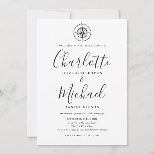 Nautical Compass Navy Blue Script Hochzeit Einladung (Vorderseite)