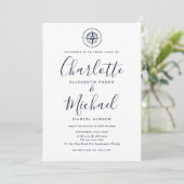 Nautical Compass Navy Blue Script Hochzeit Einladung (Stehend Vorderseite)