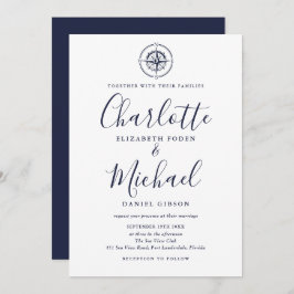 Nautical Compass Navy Blue Script Hochzeit Einladung