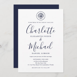 Nautical Compass Navy Blue Script Hochzeit Einladung
