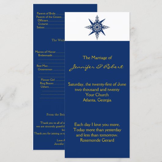Nautical Compass Navy Yellow Wedding Program Programm (Vorne/Hinten)