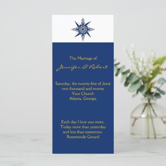 Nautical Compass Navy Yellow Wedding Program Programm (Stehend Vorderseite)