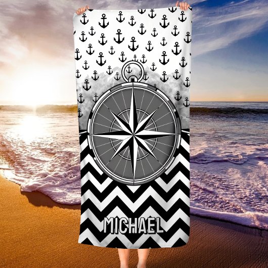 Nautical Compass Rose Anchors Black White Chevron Strandtuch