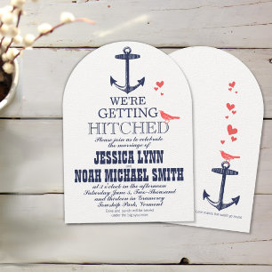 Nautical Coral and Navy Anchor Love Bird Wedding Einladung