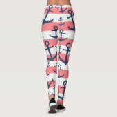 Nautical Coral Strip Marine blaues Ankermuster Leggings (Rückseite)