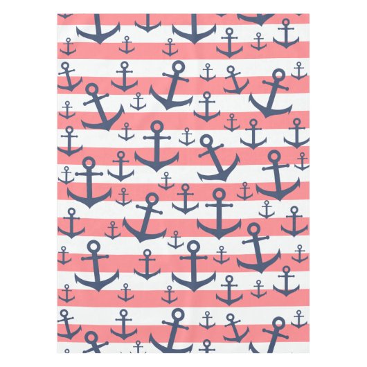 Nautical Coral Strip Marine blaues Ankermuster Tischdecke (Vorderseite)