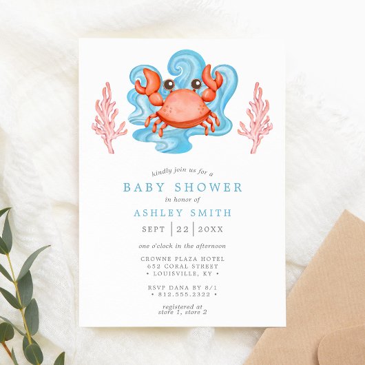 Nautical Crab Ocean Watercolor Babydusche Einladung