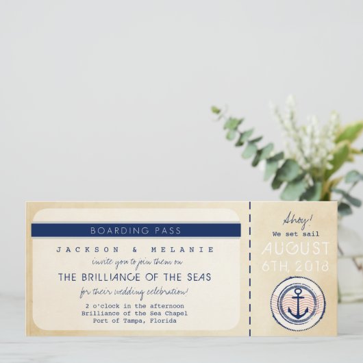 Nautical Cruise Ship Boarding Pass Hochzeit einlad Einladung (Stehend Vorderseite)