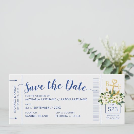 Nautical Cruise Wedding Boarding Pass Rett Datum Ankündigung (Stehend Vorderseite)