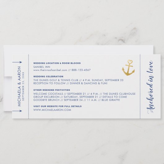Nautical Cruise Wedding Boarding Pass Rett Datum Ankündigung (Rückseite)