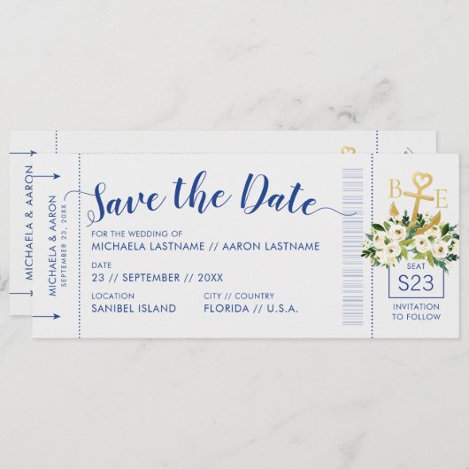 Nautical Cruise Wedding Boarding Pass Rett Datum Ankündigung (Vorne/Hinten)