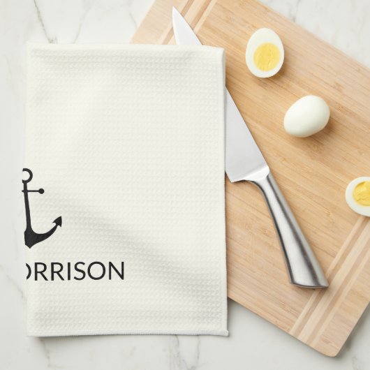 Nautical Custom Boat Name Black Anker Elfenbein Geschirrtuch (Viertel Falte)