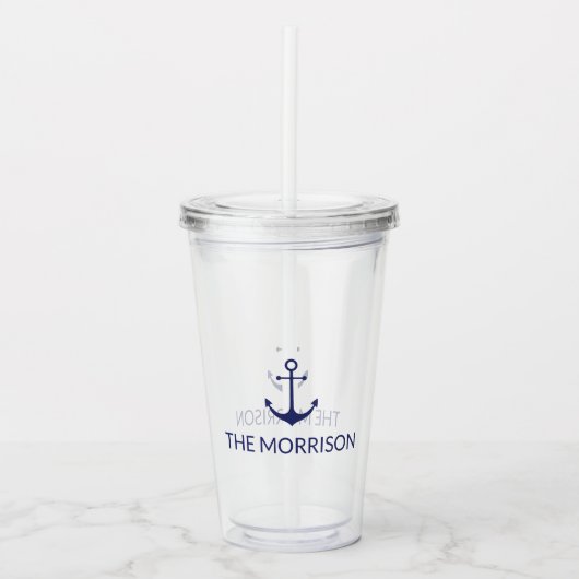 Nautical Custom Boat Name navvy blauer Anker Acryltrinkbecher (Vorderseite)