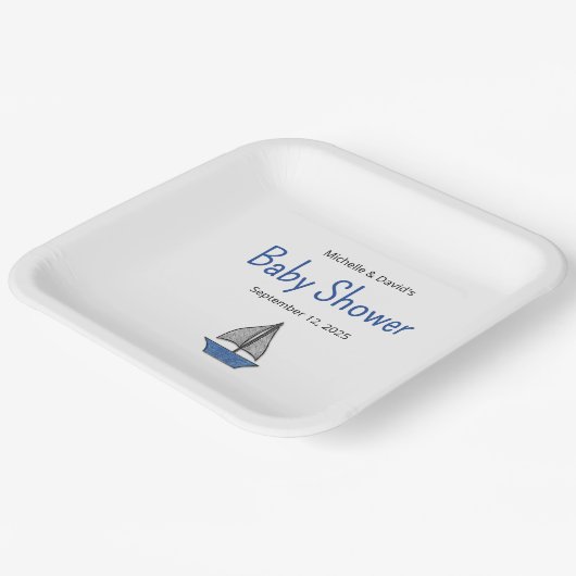 Nautical Cute Sailboat Baby Boy Couples Shower Pappteller (Gewinkelt)