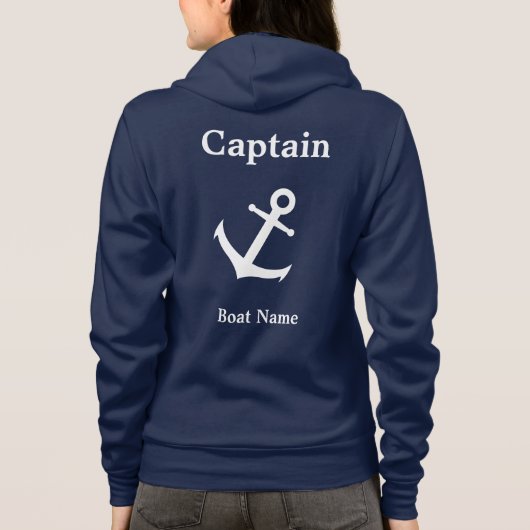 Nautical Dark Blue und White Captain & Bootname Hoodie (Rückseite)