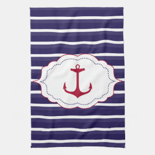 Nautical Dark Blue White Stripes Red Anchor Küchentuch
