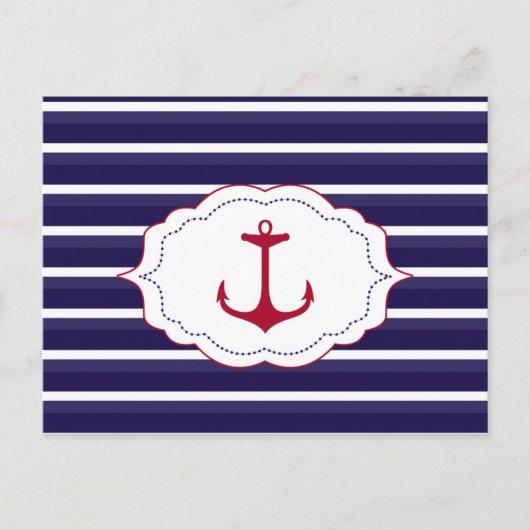 Nautical Dark Blue White Stripes Red Anchor Postkarte (Vorderseite)