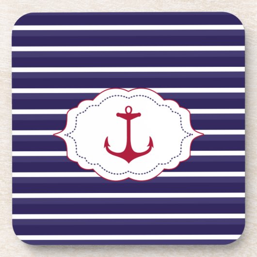 Nautical Dark Blue White Stripes Red Anchor Untersetzer (Vorderseite)