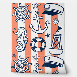 Nautical Doodles – Coral & Navy Coastal Stripe Tapete