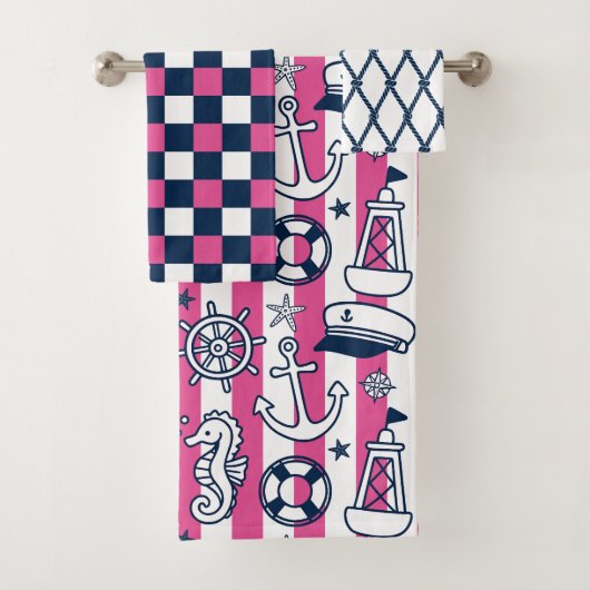 Nautical Doodles – Hot Pink & Navy Coastal Stripe Badhandtuch Set (Insitu)