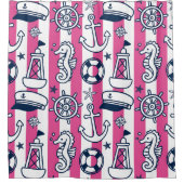 Nautical Doodles – Hot Pink & Navy Coastal Stripe Duschvorhang (Vorderseite)