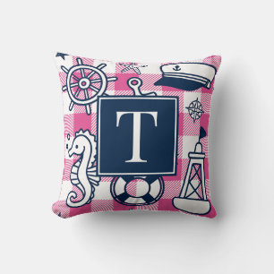 Nautical Doodles – Hot Pink Navy Gingham Monogramm Kissen