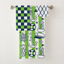 Nautical Doodles – Lime & Navy Coastal Stripe Badhandtuch Set