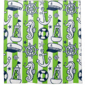 Nautical Doodles – Lime & Navy Coastal Stripe Duschvorhang (Vorderseite)