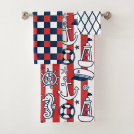 Nautical Doodles – Red & Navy Coastal Stripe Badhandtuch Set