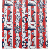 Nautical Doodles – Red & Navy Coastal Stripe Duschvorhang (Vorderseite)