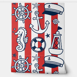 Nautical Doodles – Red & Navy Coastal Stripe Tapete