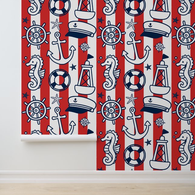 Nautical Doodles – Red & Navy Coastal Stripe Tapete (Anwendung)