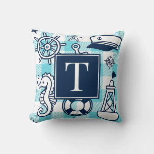 Nautical Doodles – Türkis-Navy-Gingham-Monogramm Kissen