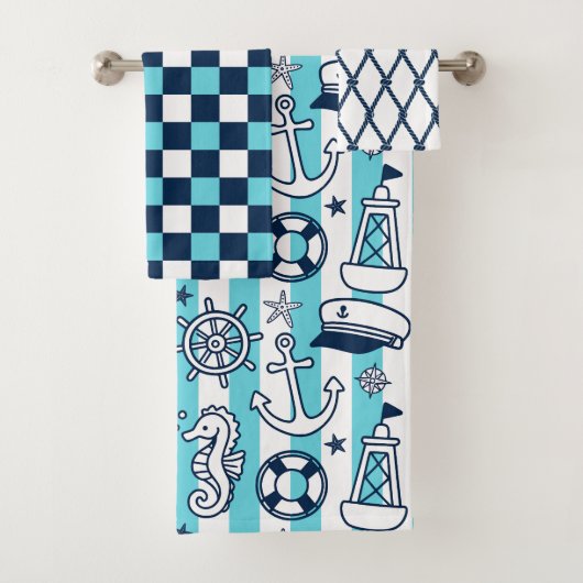 Nautical Doodles – Turquoise & Navy Coastal Stripe Badhandtuch Set (Insitu)