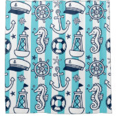 Nautical Doodles – Turquoise & Navy Coastal Stripe Duschvorhang (Vorderseite)