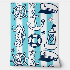 Nautical Doodles – Turquoise & Navy Coastal Stripe Tapete
