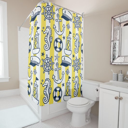 Nautical Doodles – Yellow & Navy Coastal Stripe Duschvorhang (Beispiel)