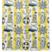 Nautical Doodles – Yellow & Navy Coastal Stripe Duschvorhang (Vorderseite)