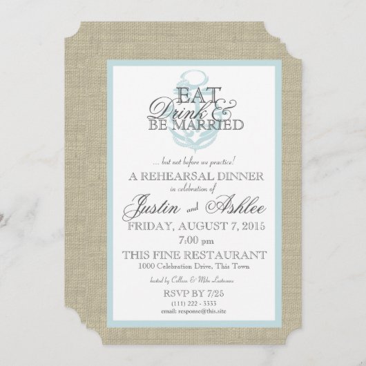 Nautical Eat Drink Verheiratete Probe Abendessen Einladung (Vorne/Hinten)