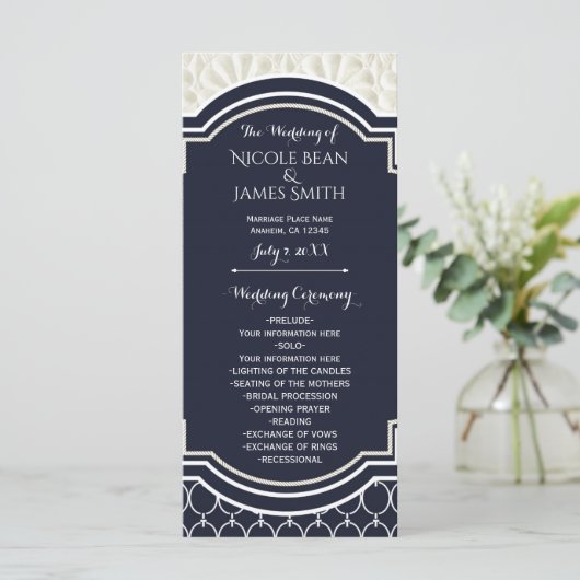 Nautical Elegant Navy White Beach Hochzeitsprogram Programm (Stehend Vorderseite)