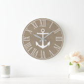 Nautical Elegante Imitate Burlap & White Anchor Große Wanduhr (Zuhause)