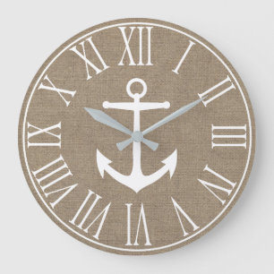 Nautical Elegante Imitate Burlap & White Anchor Große Wanduhr