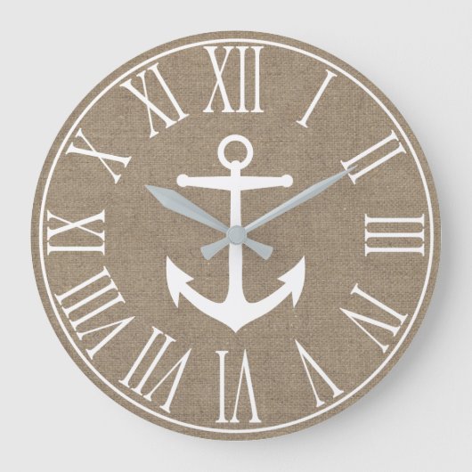 Nautical Elegante Imitate Burlap & White Anchor Große Wanduhr (Vorderseite)