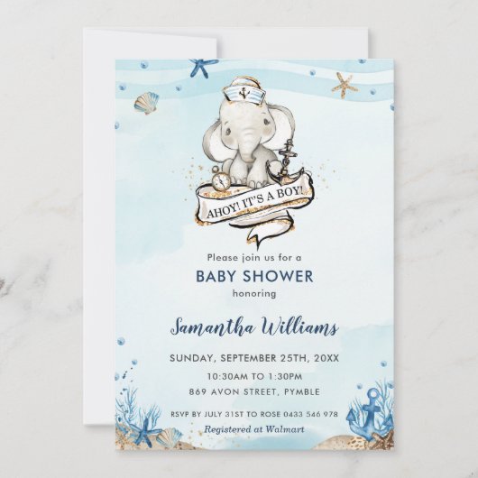 Nautical Elephant Ahoy Es ist eine Baby-Dusche Einladung (Vorderseite)
