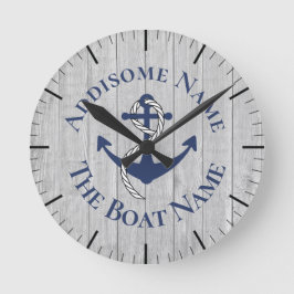 Nautical Family Boat Name Navy Anchor graues Holz  Runde Wanduhr