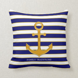Nautical Family Gold Anker auf Navy Blue & White Kissen