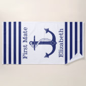 Nautical First Mate Blue Anchor Personalisiert Strandtuch (Vorderseite)