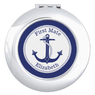 Nautical First Mate Blue Anchor Personalisiert Taschenspiegel