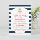 Nautical Floral Anchor Navy Blue Red Baby Shooter Einladung (Stehend Vorderseite)