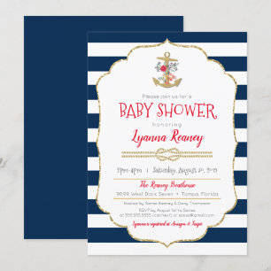 Nautical Floral Anchor Navy Blue Red Baby Shooter Einladung